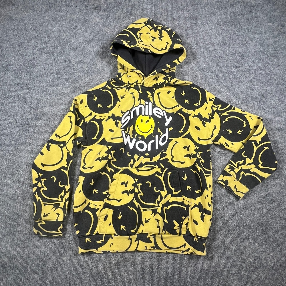 H&M Pullover Hoodie Kids 12-14 Yellow Black Smileyworld Graphic Kangaroo Pocket